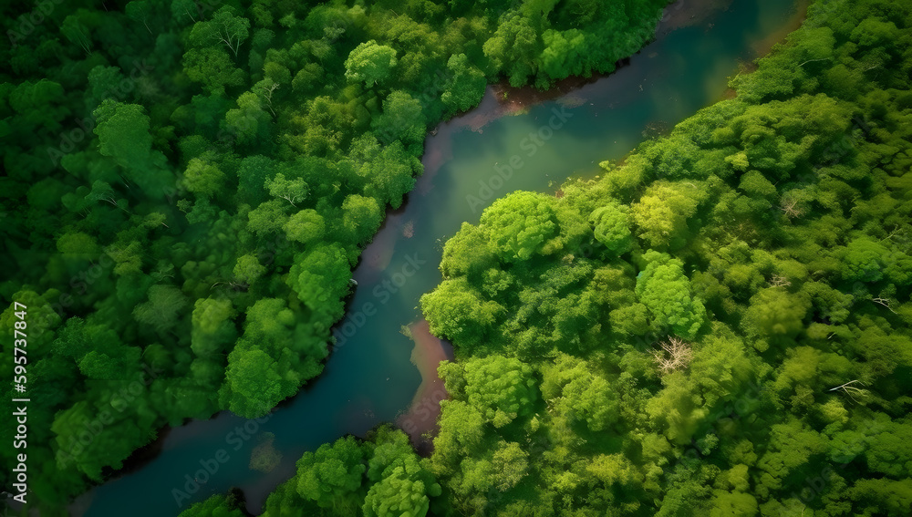 River running through a dense forest. The trees are tall and green, and the river is clear and blue, Generative Ai