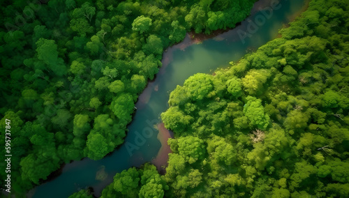 River running through a dense forest. The trees are tall and green, and the river is clear and blue, Generative Ai