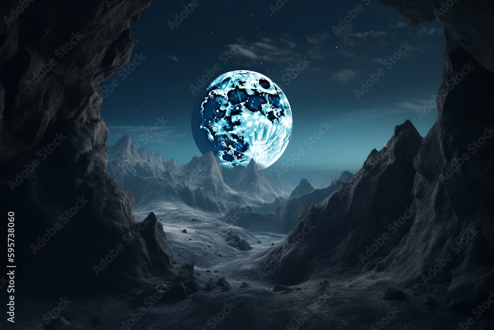 A digital illustration of a chilly blue mountain landscape and moon visible from a rocky cave. Generative AI