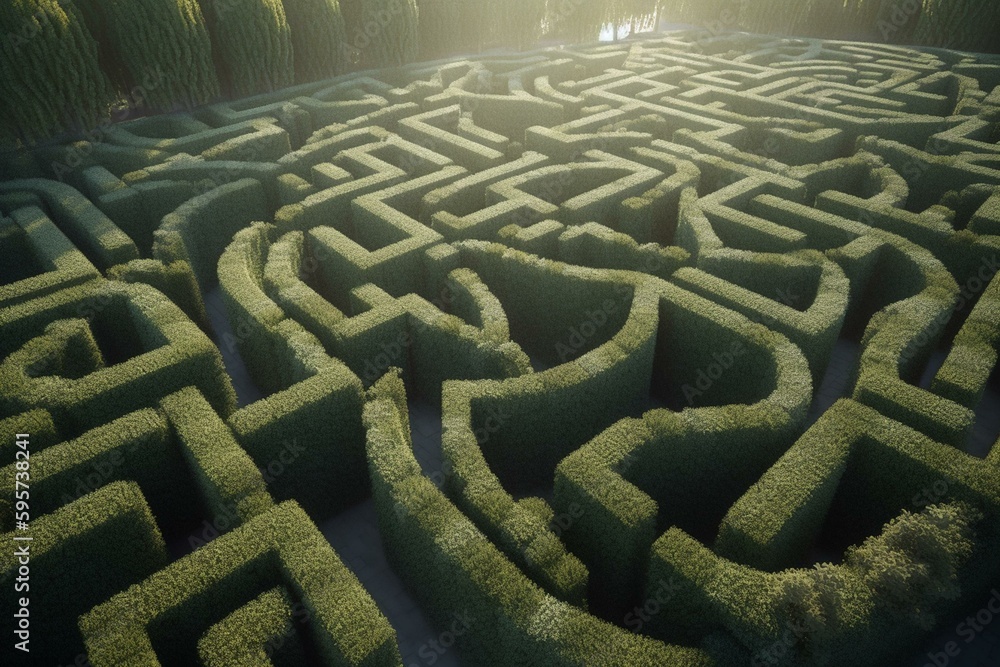 Hedge maze on white background. Generative AI