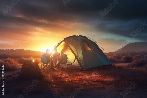 Romantic couples and cute dogs who relax their body and mind in camping. Burning the bonfire with mountain views, there are night sky on the forest and hills. Wildlife fake scenery.