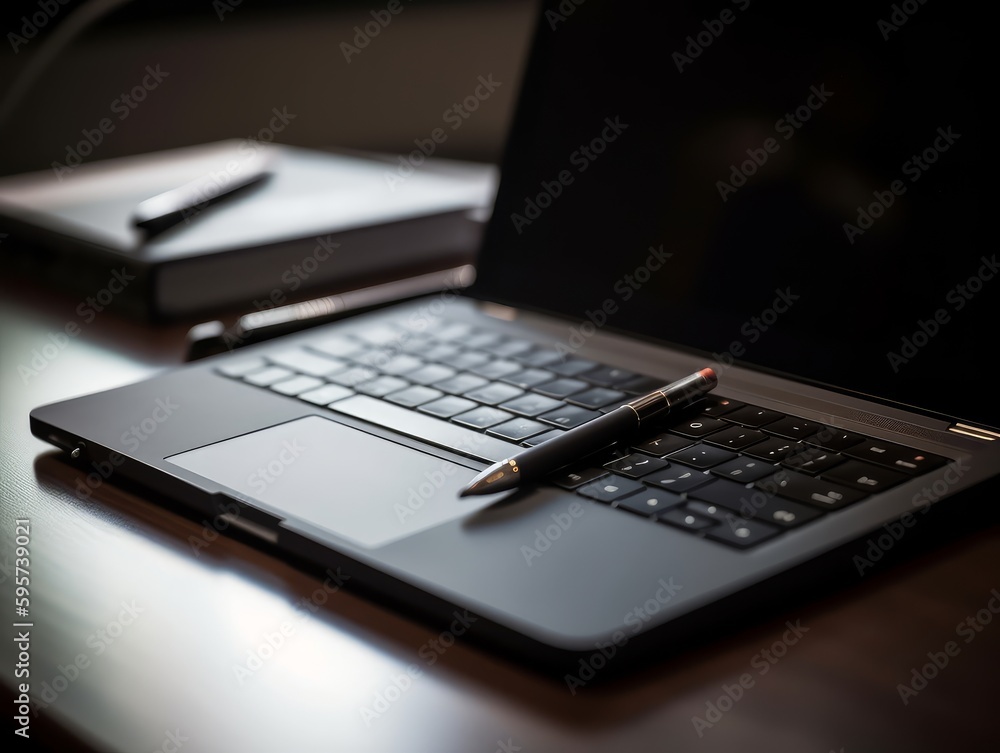 A sleek, closed laptop rests on a desk, accompanied by a classic notepad and a sleek pen. A sleek, closed laptop rests on a desk, accompanied by a classic notepad and a sleek pen.