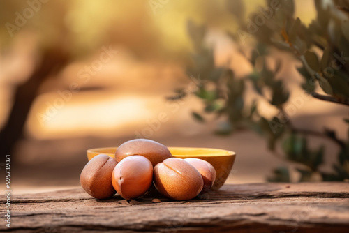 Argan seeds on nature wooden background. Morocco natural bio beauty products created with generative ai tools