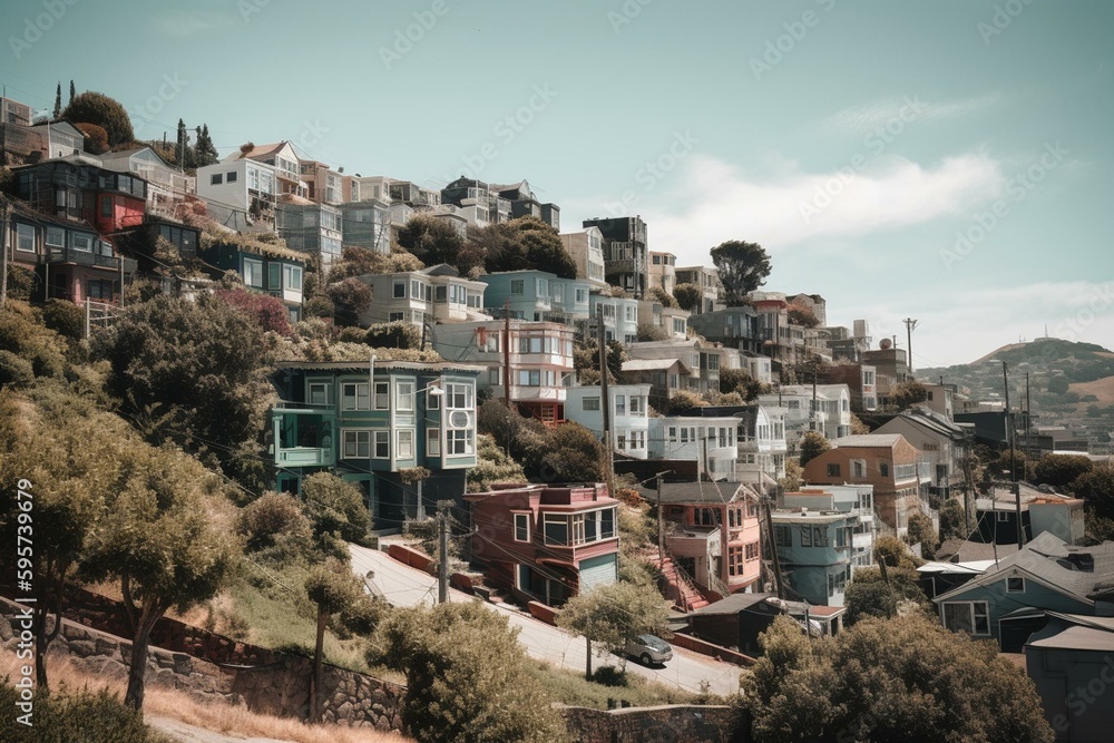A city on the West Coast of the United States known for the Golden Gate Bridge, hilly terrain, and colorful Victorian houses. Generative AI