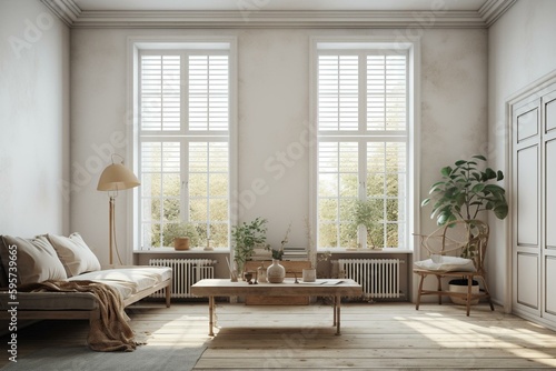 Scandinavian living room with plaster wall, shutters, and white window. Architecture design concept. Blank background for copy space. Generative AI © Anika