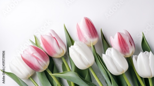 Multicolored tulips on white background. Space for text. Generative AI.