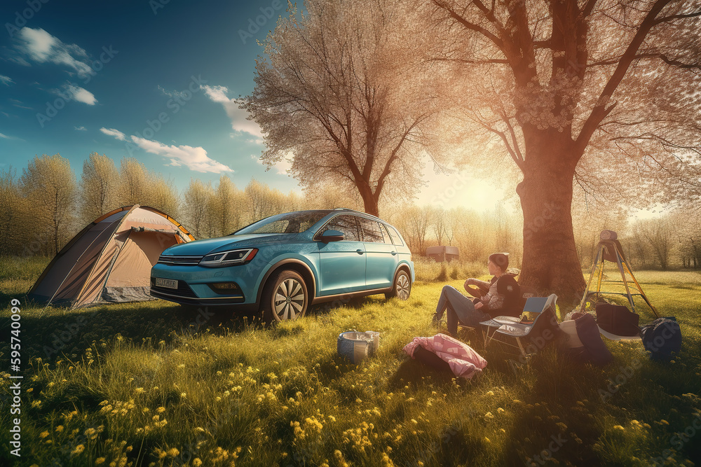Adventure, tents and cars in the park forest. Outdoor landscape in the morning Adventure, tents and cars in the park forest. Outdoor landscape in the morning