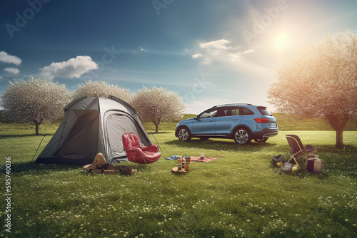 Adventure, tents and cars in the park forest. Outdoor landscape in the morning