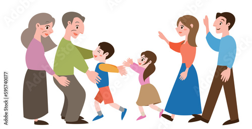 家族愛が伝わるおじいちゃんおばあちゃんと笑顔の3世代家族・子育て世帯の帰郷・再開の人物イラスト_カラー