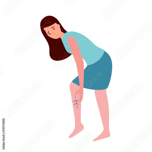 Woman having muscle leg cramps symptom in flat design on white background.