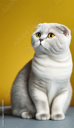 Scottis fold cat, sitting pose, in the yellow background studio with Generative AI technology photo