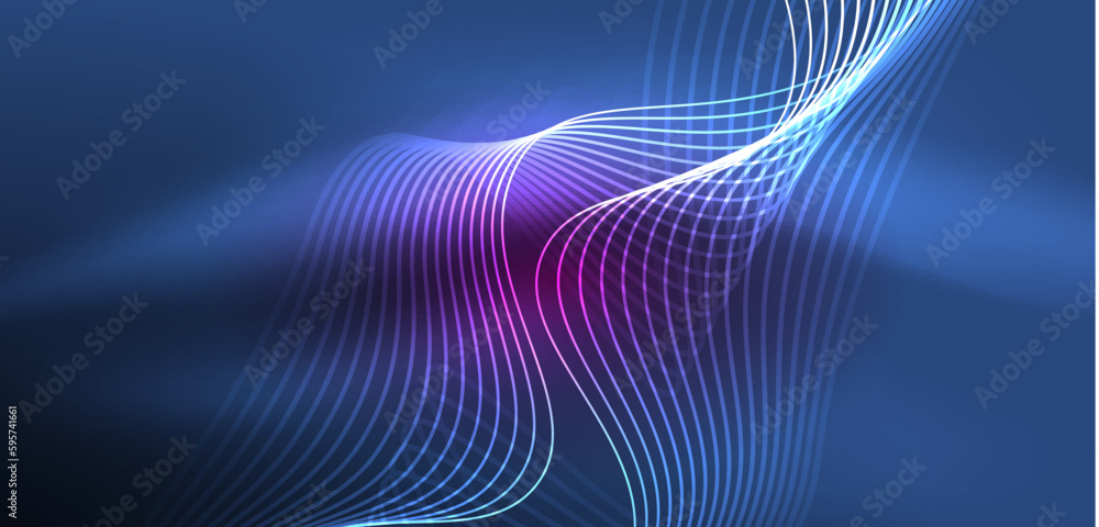 Shiny glowing neon wave. Neon light or laser show, electric impulse, power lines, techno quantum energy impulse, magic glowing dynamic lines Shiny glowing neon wave. Neon light or laser show, electric impulse, power lines, techno quantum energy impulse, magic glowing dynamic lines