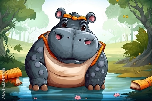 Cartoon Hippo Undergrad Very Studious Generative AI