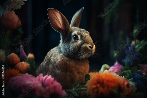 Charming rabbit with blooms in its paws. Generative AI