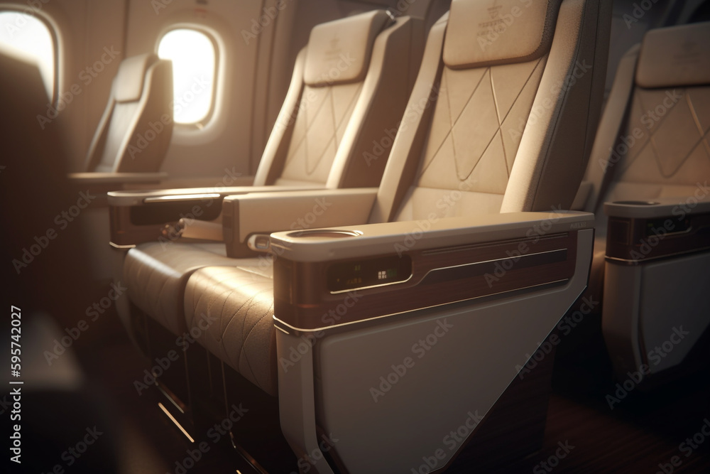 Fototapeta premium Exclusive First Class Airplane Seating with Personal Entertainment System, Generative AI