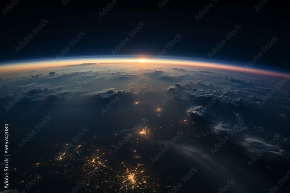 Dawn view from above the earth's atmosphere. Generative AI