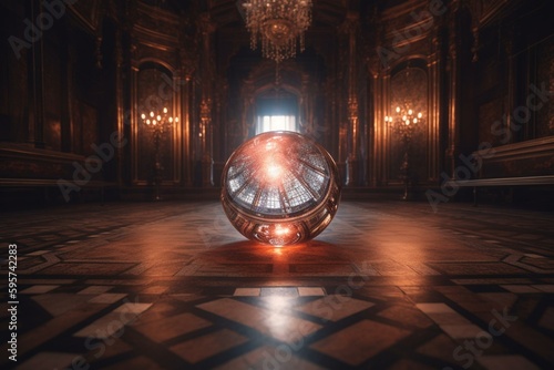 Photo Ornate mirror on floor reflecting portal to another dimension with glowing orbs in foreground