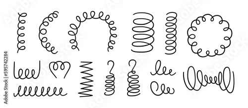 Hand drawn spiral springs set. Doodle flexible coils, wire spring symbols. Metal coil spiral icons. Vector illustration isolated on white background.