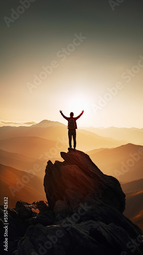 A man standing triumphantly on the top of a mountain. The solo conquering of the summit, evoking a feeling of personal success and triumph 