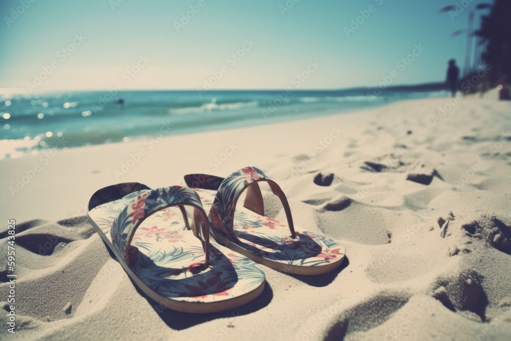 Obraz premium flip flops on sandy beach, close-up view, generative AI