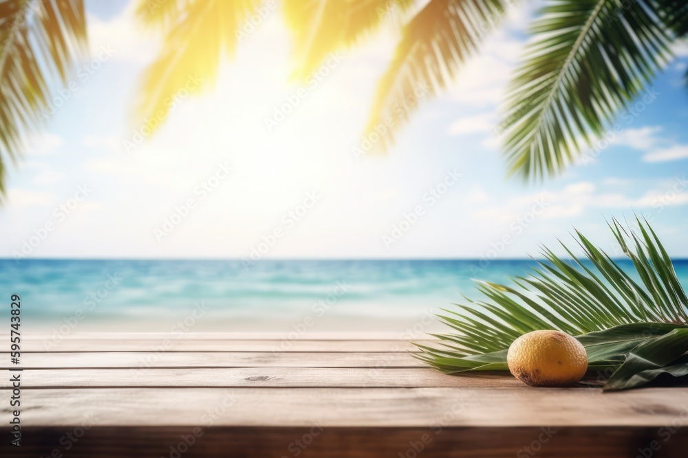 Obraz premium Tropical seaside table setting with blurred background, generative AI