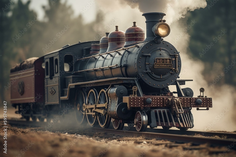 Steam engine locomotive racing forward. Generative AI