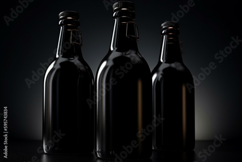 Realistic 3D model of black bottles on a white background. Generative AI