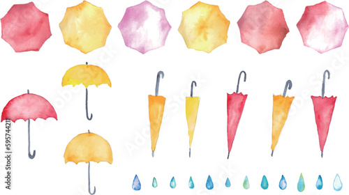 水彩画。水彩タッチの梅雨ベクターイラスト。雨の日の傘と雫背景。Watercolor painting. Rainy season vector illustration with watercolor touch. Rainy day umbrella and drops background.