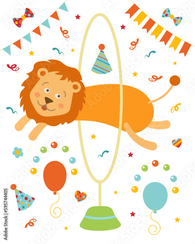 A cartoon holiday lion is jumping through a circus hoop over  a party hats and balloons. For kids 