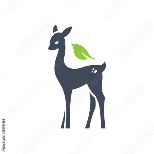 Cute baby deer and leaf nature concept illustration. Vector deer silhouette design. Elegant deer logo design, cartoon deer illustration.