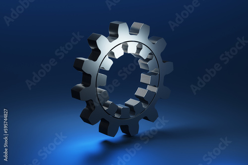 Close-up of metal gears on a blue background. 3d rendering illustration.