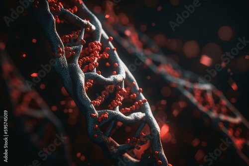 DNA with red and COVID-19 cells. Generative AI