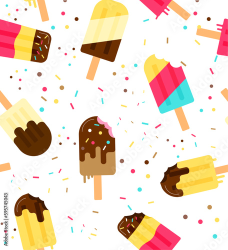 Seamless pattern of yummy popsicles and colourful sprinkles. Vector illustration