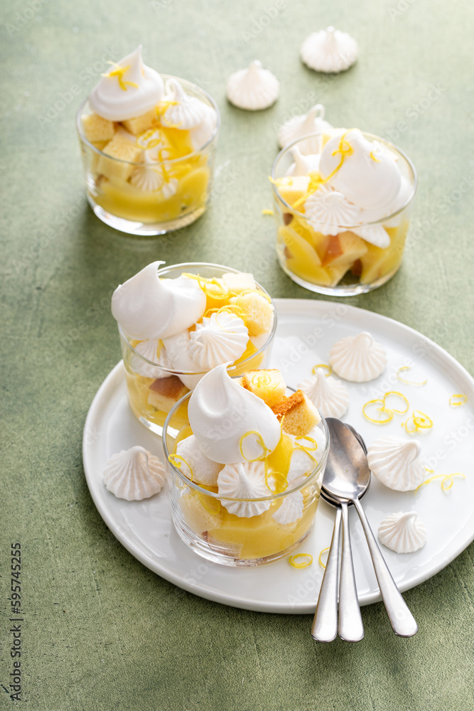 Lemon meringue and pound cake trifle in a glass Lemon meringue and pound cake trifle in a glass