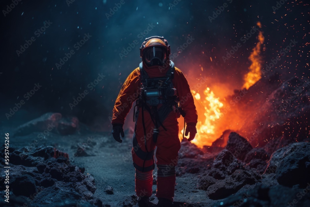 Astronaut walking away from fire. Generative AI.