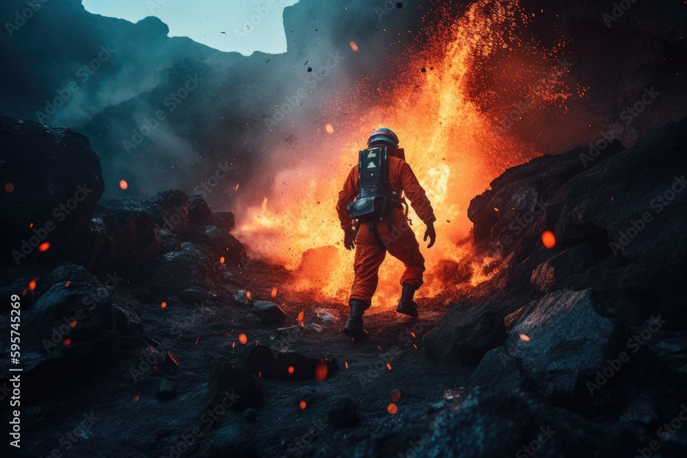 Astronaut walking toward fire. Generative AI. Astronaut walking toward fire. Generative AI.