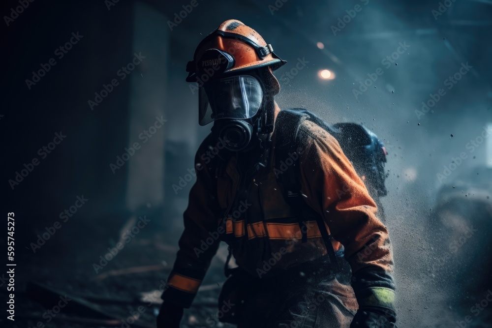 Obraz premium Firefighter walking into danger. Generative AI.