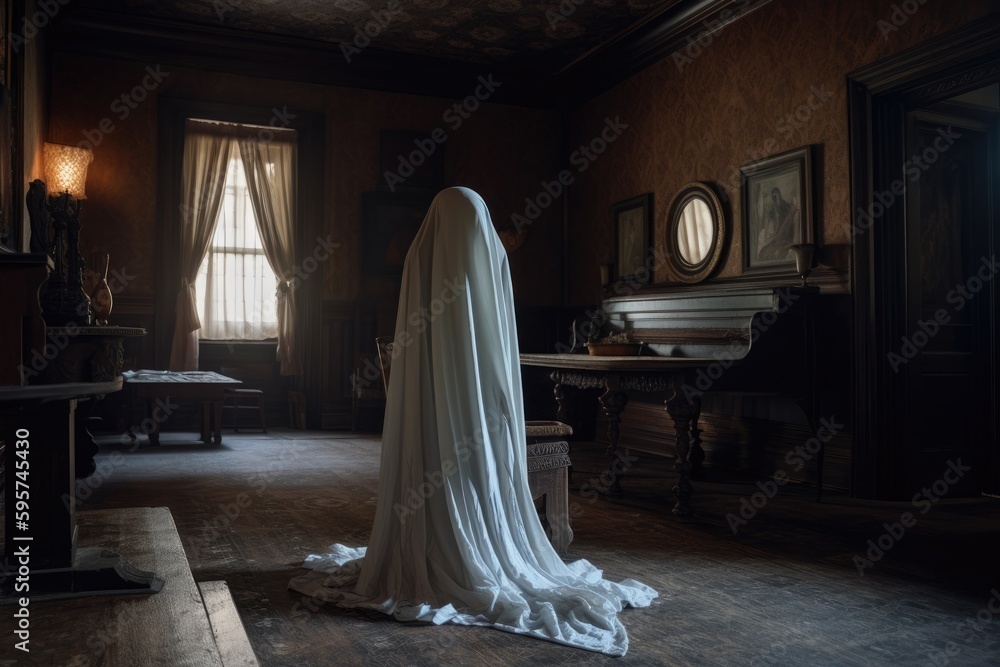 Ghost under white sheet, haunted house. Generative AI. Ghost under white sheet, haunted house. Generative AI.