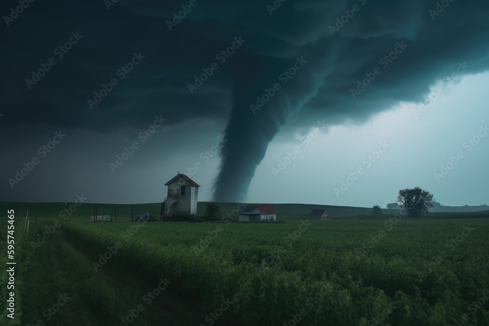 Tornado weather cloud over farm. Generative AI.