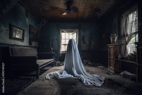 Ghost in a haunted house, ghost in white sheet. Generative AI.