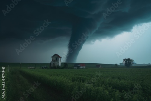 Tornado weather cloud over farm. Generative AI.