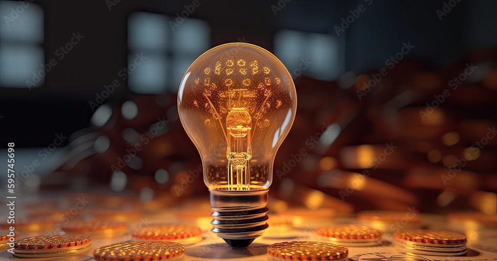 Light bulb on, with banknotes, coins and energy bill. Increase in