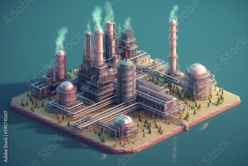 Isometric petroleum plant concept on color background. Chemical factory isolated. Ecology  energy  oil  and petrochemical industries. Infographic element. Generative AI