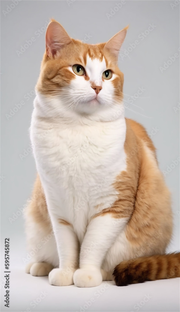Cheese Tabby cat, Domestic cat, Korean shorthair cat, sitting pose, in the white background studio with Generative AI technology