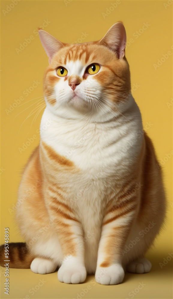 Cheese Tabby cat, Domestic cat, Korean shorthair cat, sitting pose, in the yellow background studio with Generative AI technology
