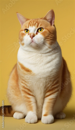 Cheese Tabby cat, Domestic cat, Korean shorthair cat, sitting pose, in the yellow background studio with Generative AI technology