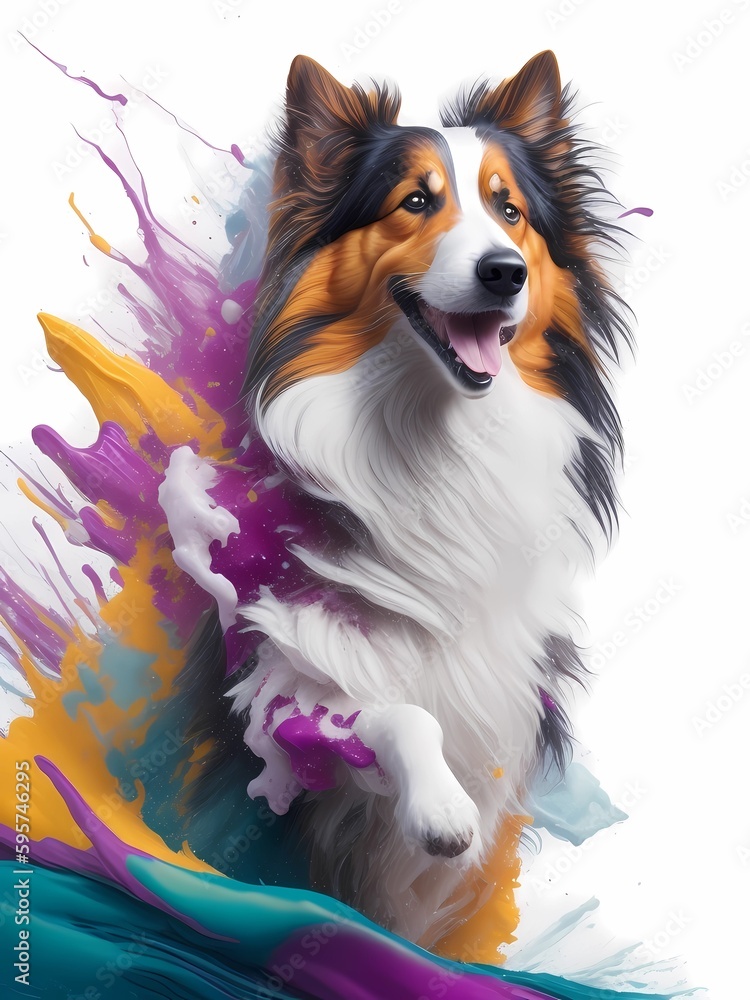 Naklejka premium Splash art, Shetland Sheepdog, ((white background)), epic