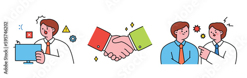Labor Day. people who are working. Faulty computer. bullying boss. handshake.