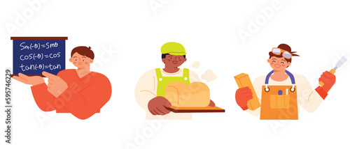 Labor Day. people who are working. Mathematician, baker, carpenter.