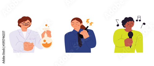 Labor Day. people who are working. Scientist, cop, singer.